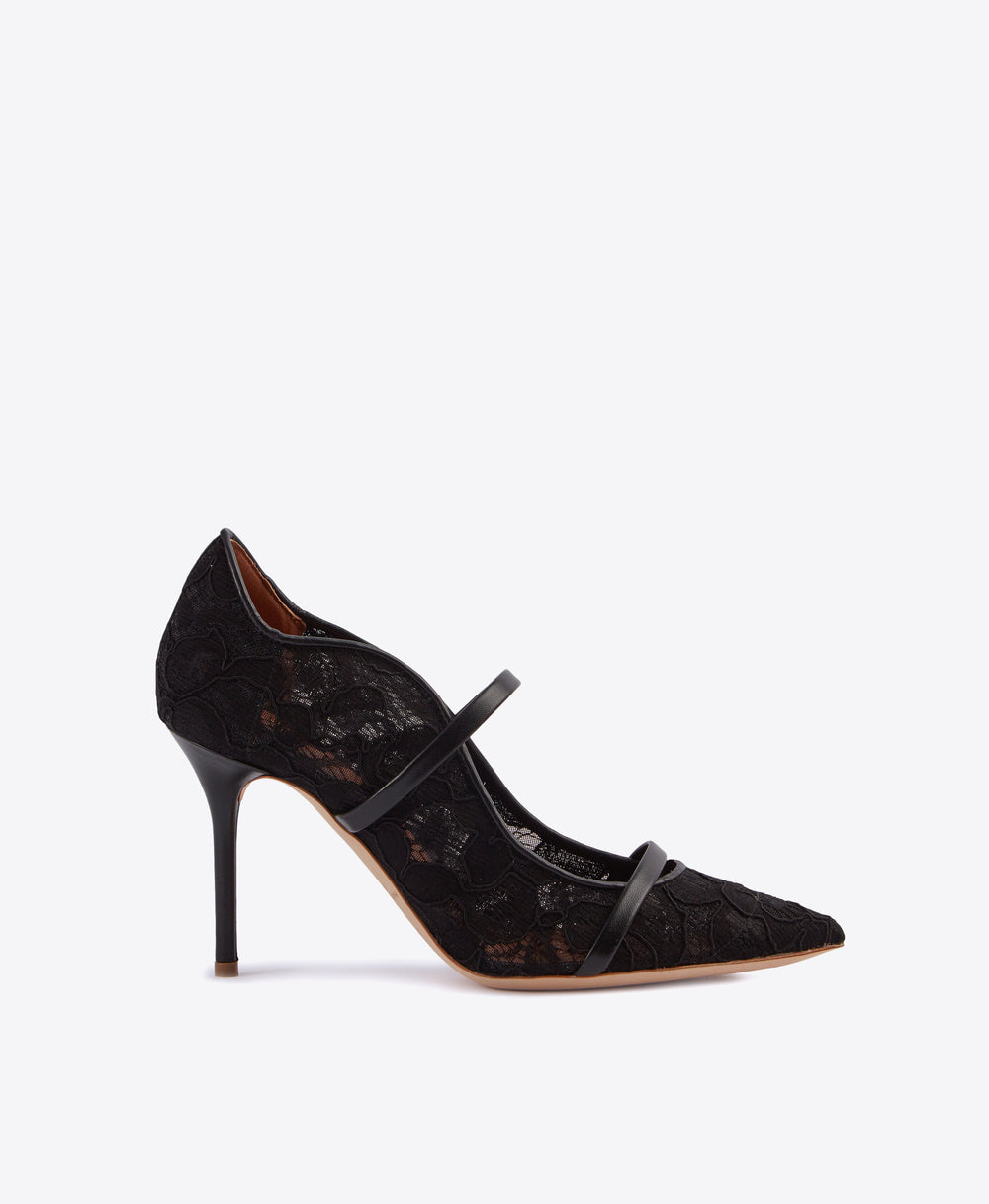 Malone Souliers Black Lace and Leather Maureen 85mm Pointed Toe High Heel Pumps