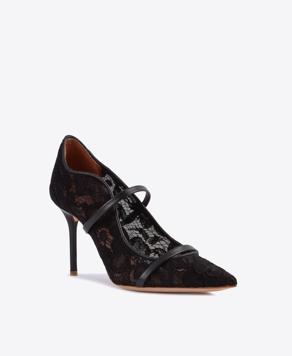 Malone Souliers Black Lace and Leather Maureen 85mm Pointed Toe High Heel Pumps