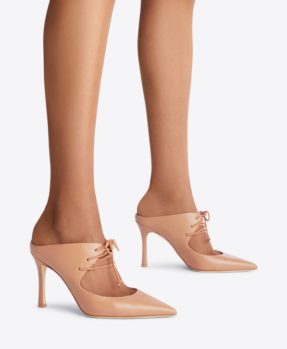 Sepia Nappa Lace-up Mules - Pointed Toe on Flared Stiletto | Malone Souliers