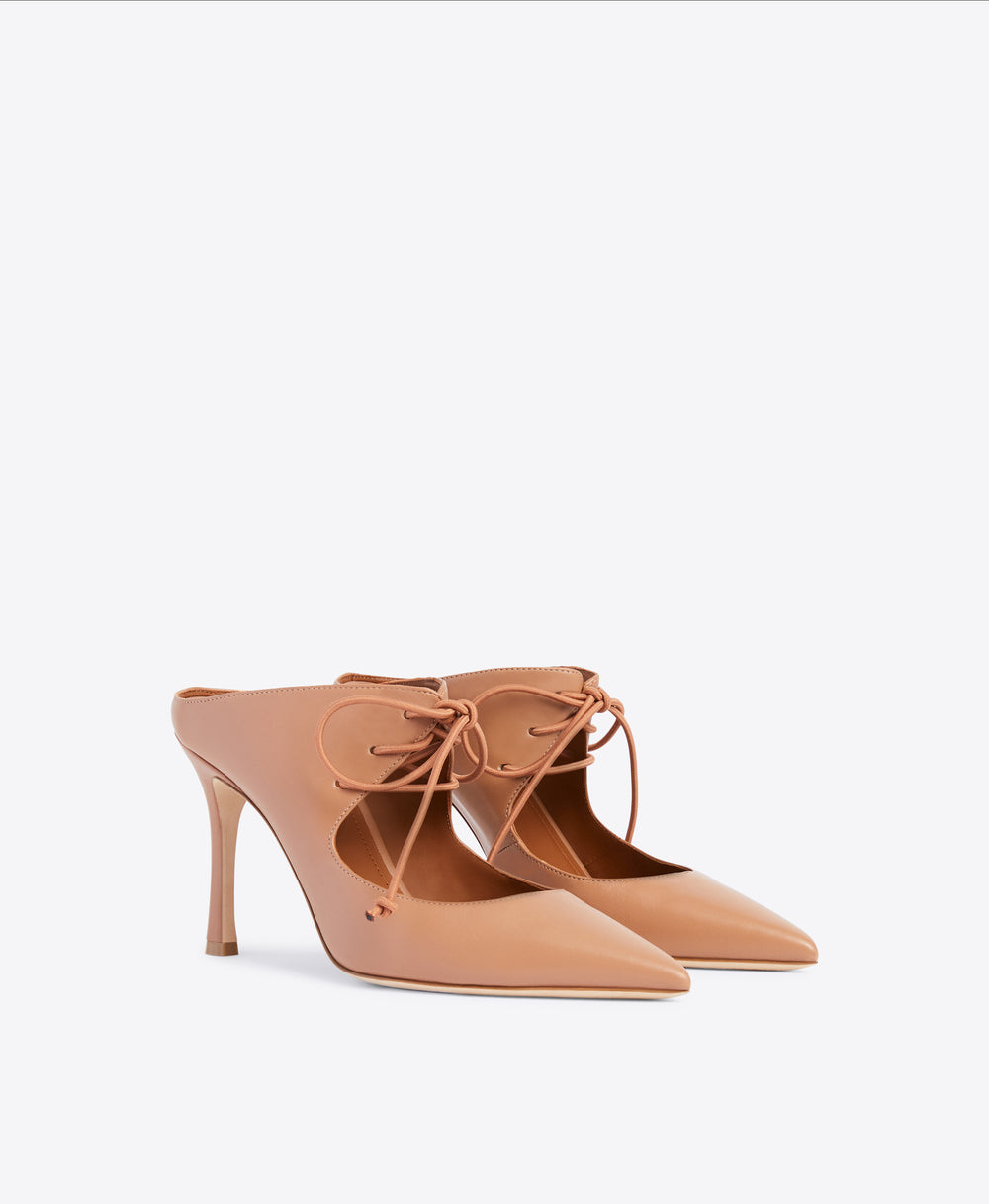 Sepia Nappa Lace-up Mules - Pointed Toe on Flared Stiletto | Malone Souliers