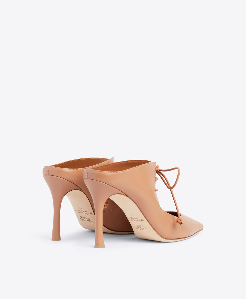 Sepia Nappa Lace-up Mules - Pointed Toe on Flared Stiletto | Malone Souliers