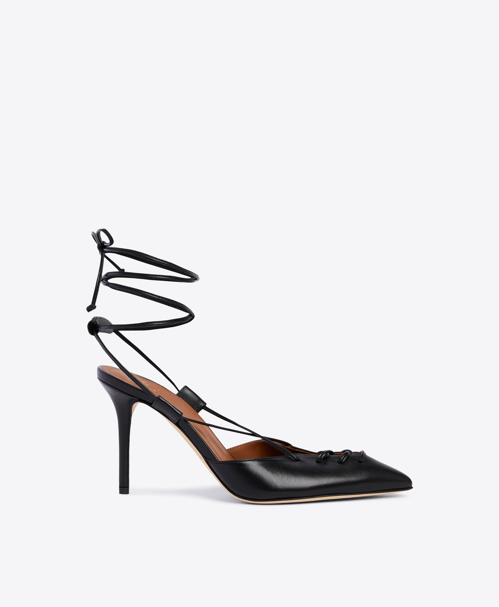 Black Leather Pointed Toe Stiletto Slingbacks with Ankle Tie | Malone Souliers 