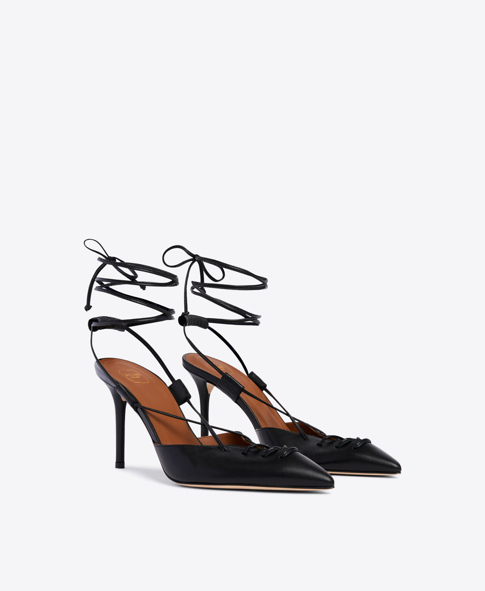 Black Leather Pointed Toe Stiletto Slingbacks with Ankle Tie | Malone Souliers 