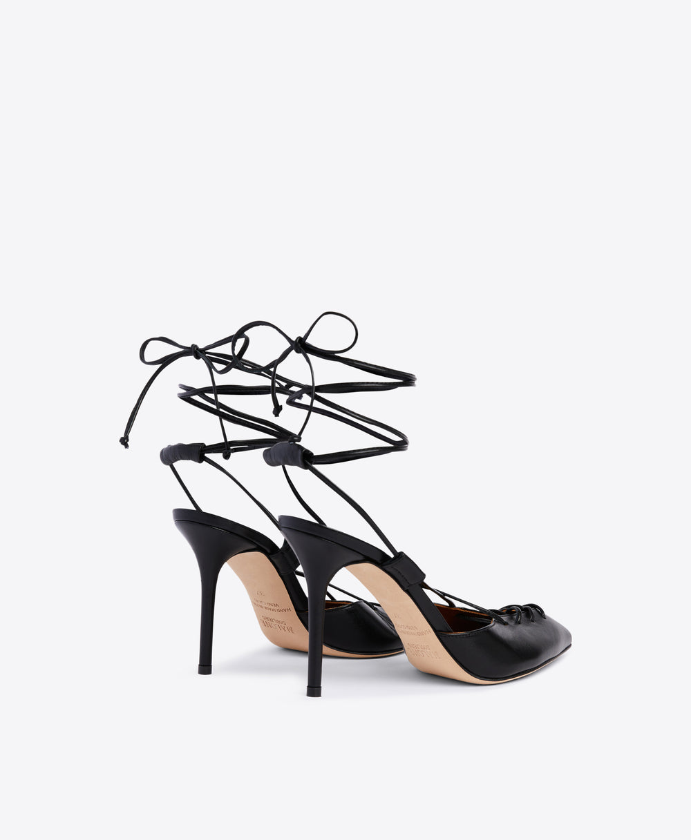 Black Leather Pointed Toe Stiletto Slingbacks with Ankle Tie | Malone Souliers 