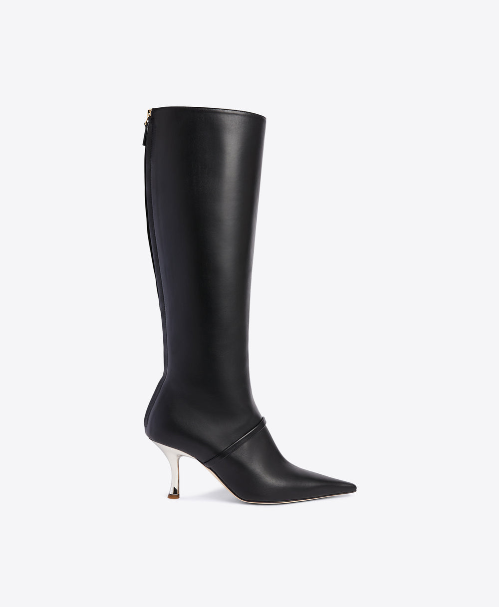 Black Calf Pointed Toe Tall Boots with Single Strap | Malone Souliers