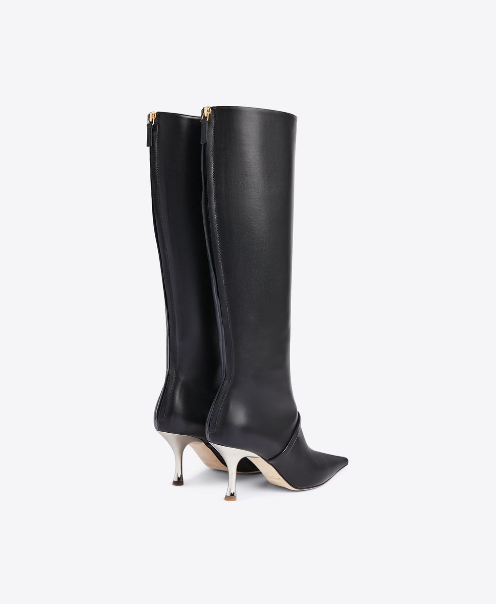 Black Calf Pointed Toe Tall Boots with Single Strap | Malone Souliers