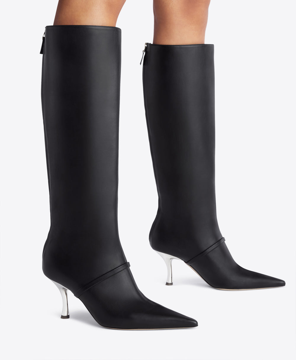 Black Calf Pointed Toe Tall Boots with Single Strap | Malone Souliers