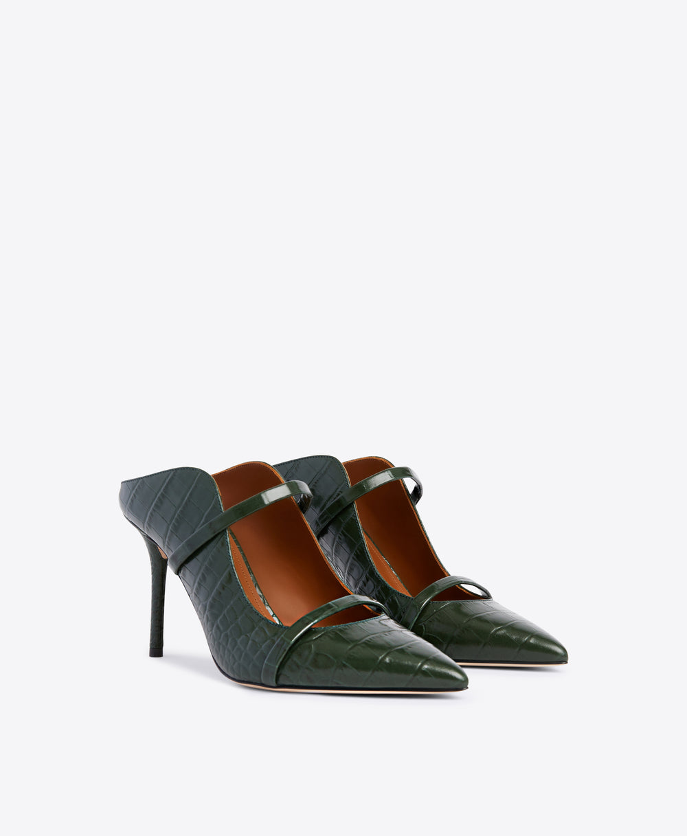 Double Strap Mules in Pine Green - Pointed Toe on Stiletto | Malone Souliers