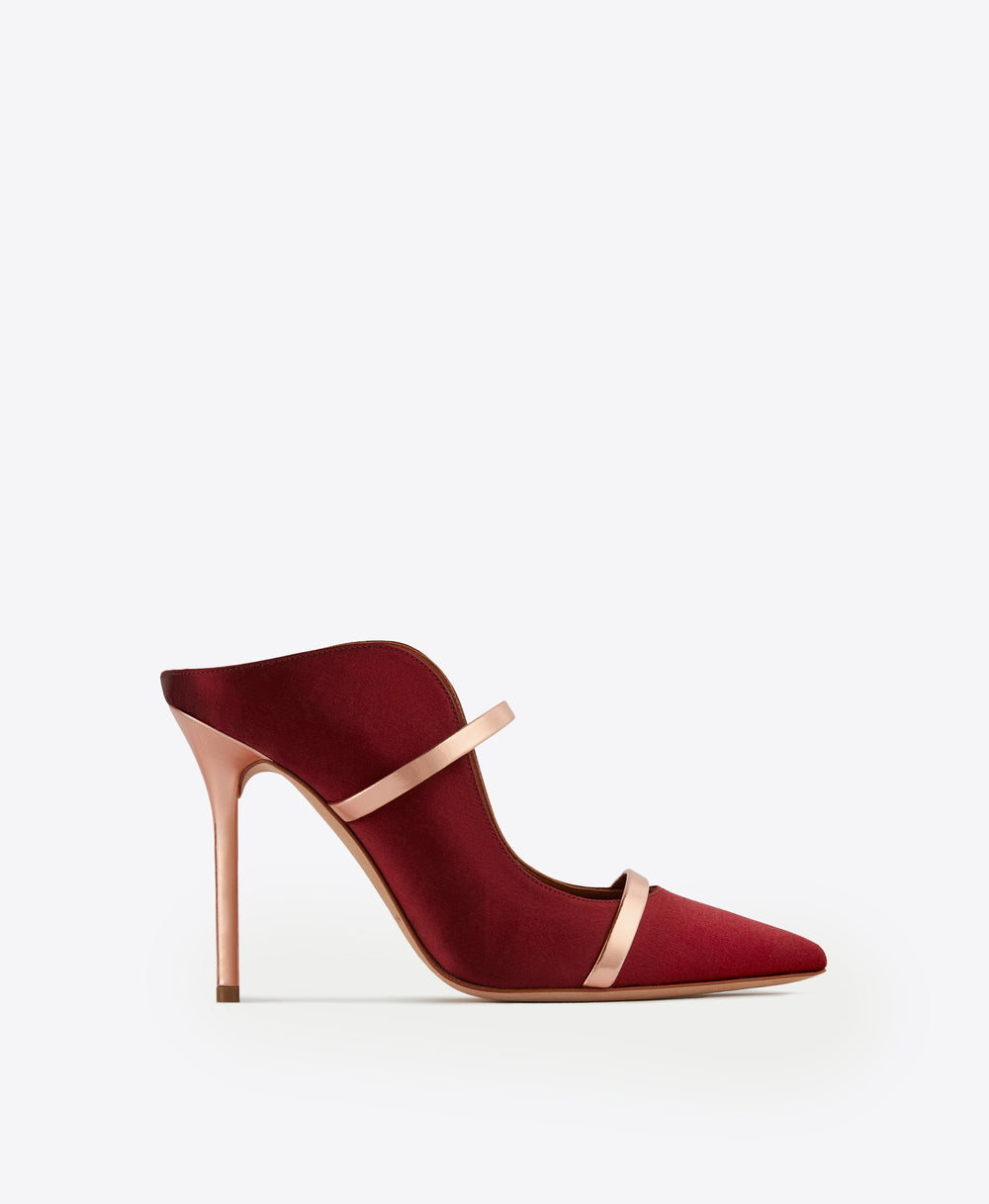 Women's Red Satin Pointed Toe Heeled Mules with Rose Gold Leather Straps Malone Souliers