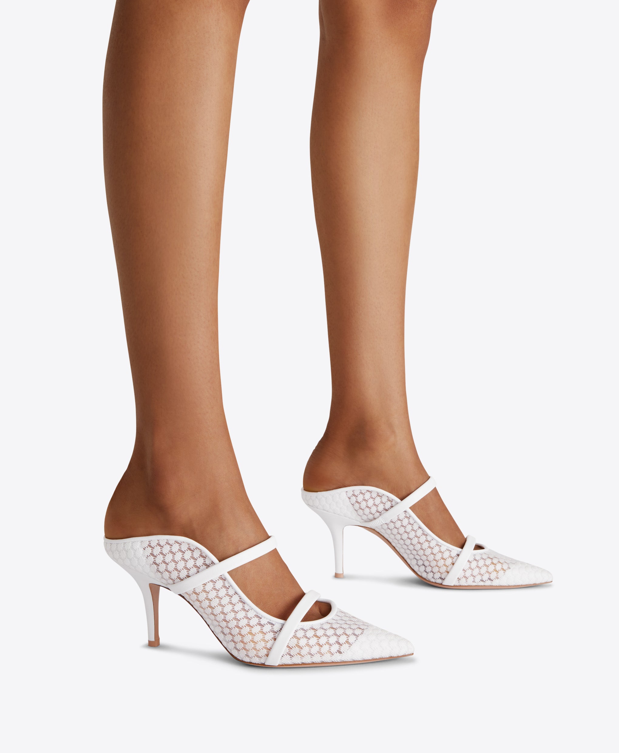 Malone Souliers Maureen 70mm White Lace Mesh Heeled Mules