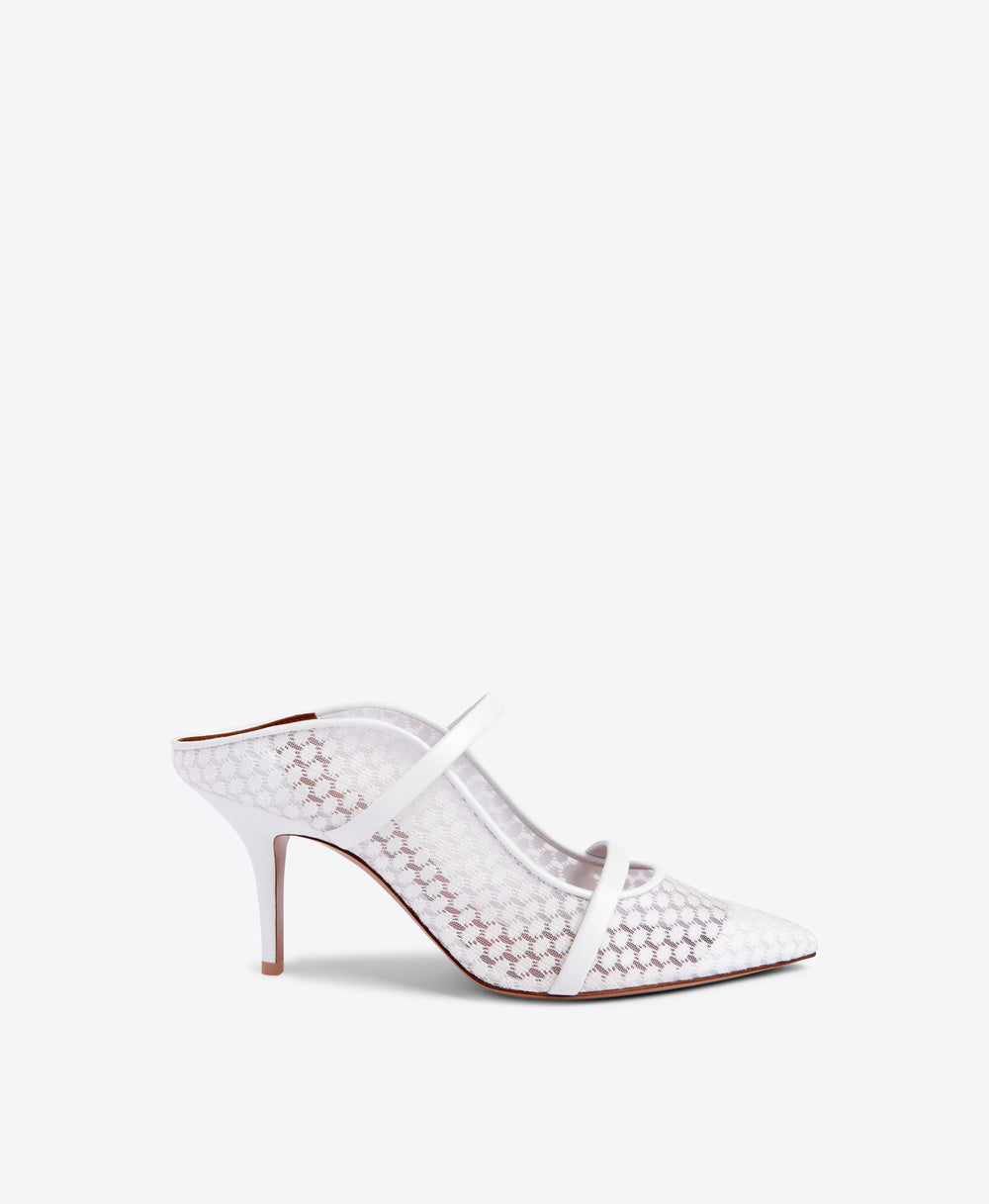 Malone Souliers Maureen 70mm White Lace Mesh Heeled Mules