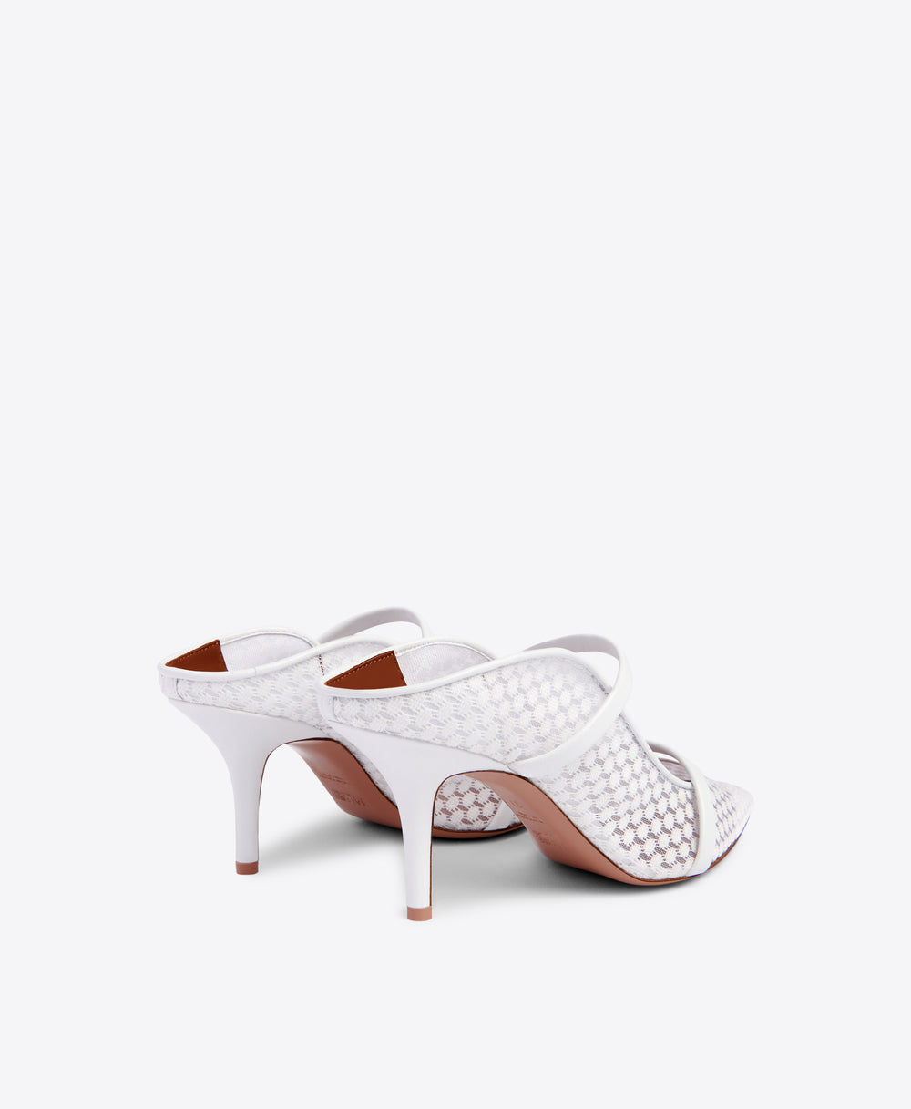 Malone Souliers Maureen 70mm White Lace Mesh Heeled Mules