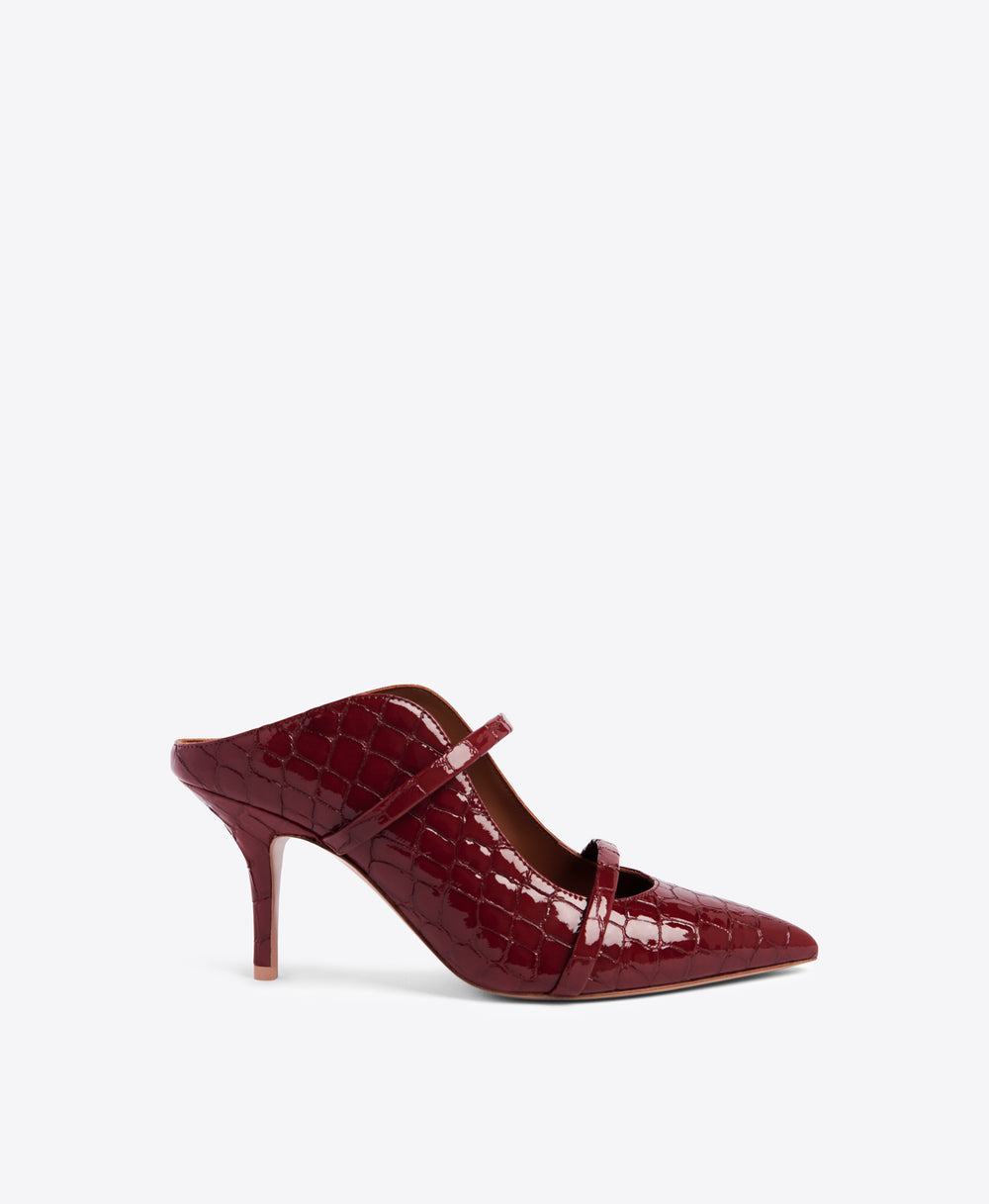 Pointed Toe Stiletto Mules in Burgundy Embossed Patent - Double Straps | Malone Souliers