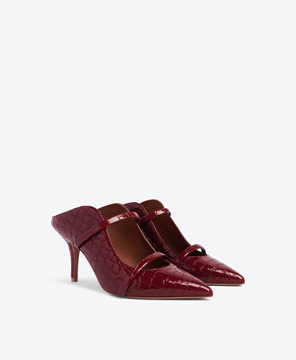 Pointed Toe Stiletto Mules in Burgundy Embossed Patent - Double Straps | Malone Souliers