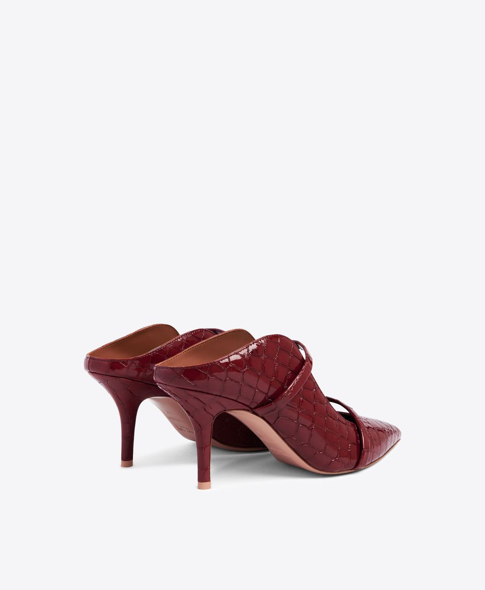 Pointed Toe Stiletto Mules in Burgundy Embossed Patent - Double Straps | Malone Souliers