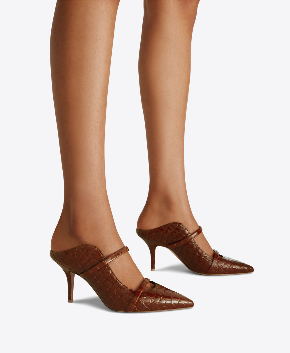 Double Strap Brown Embossed Patent Stiletto Mules - Pointed Toe | Malone Souliers