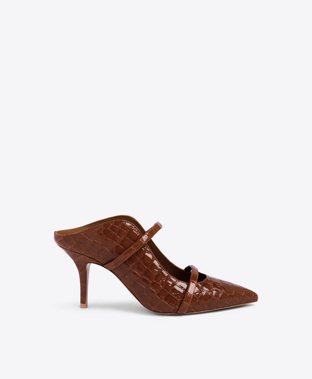 Double Strap Brown Embossed Patent Stiletto Mules - Pointed Toe | Malone Souliers