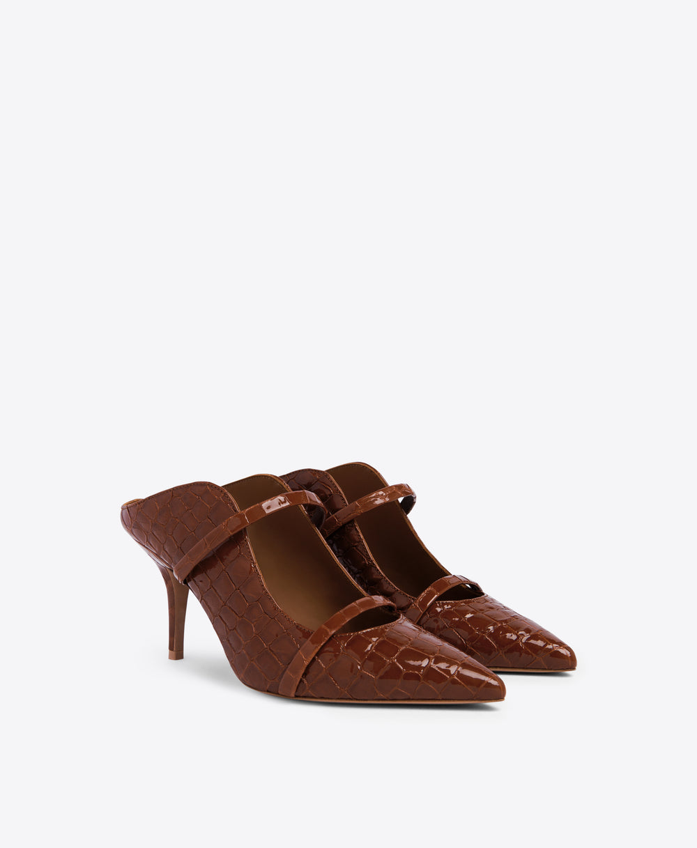 Double Strap Brown Embossed Patent Stiletto Mules - Pointed Toe | Malone Souliers