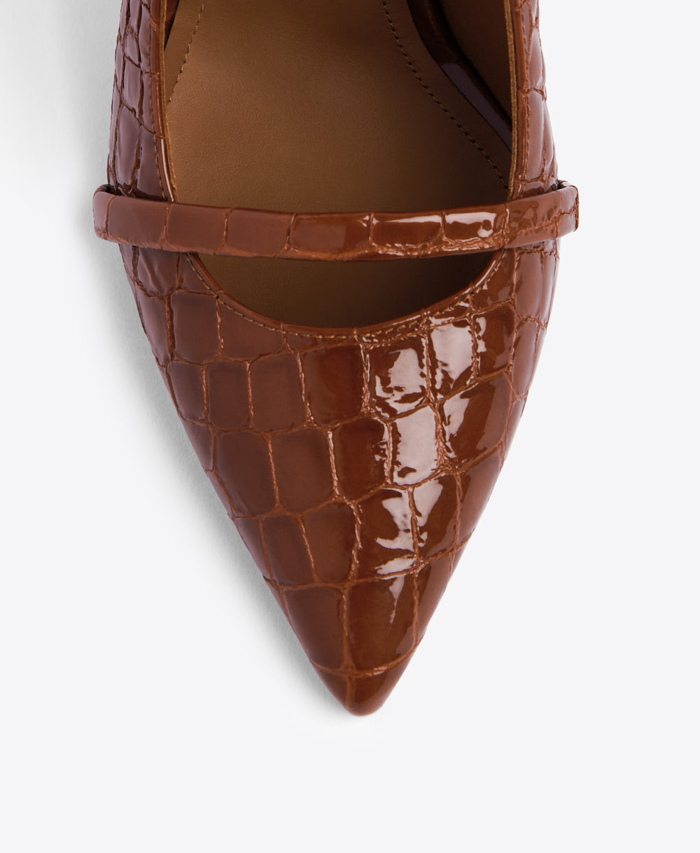 Double Strap Brown Embossed Patent Stiletto Mules - Pointed Toe | Malone Souliers