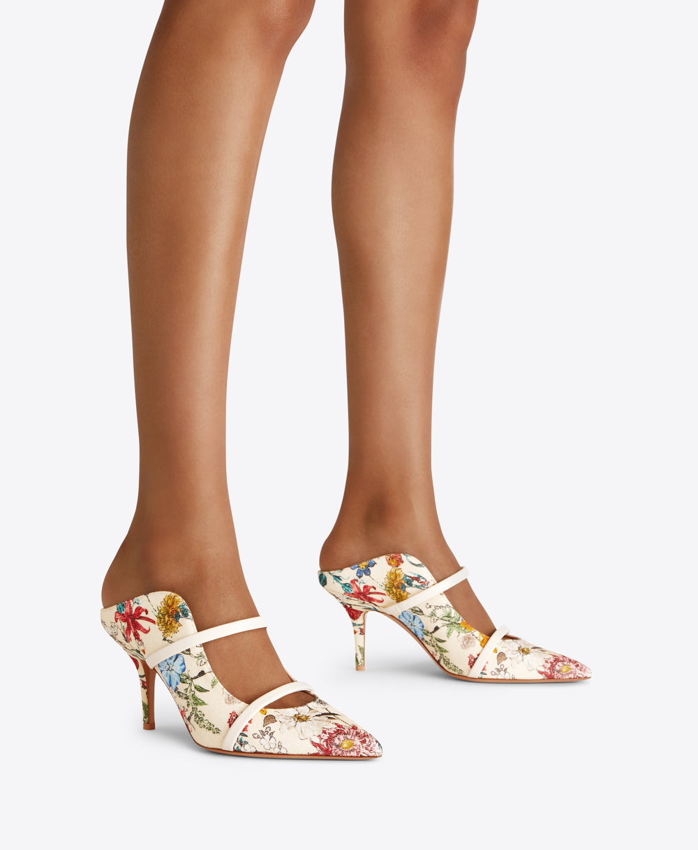 Maureen 70 Floral Cream Canvas Heeled Mules Malone Souliers