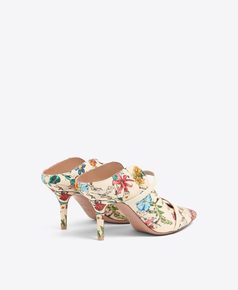 Maureen 70 Floral Cream Canvas Heeled Mules Malone Souliers