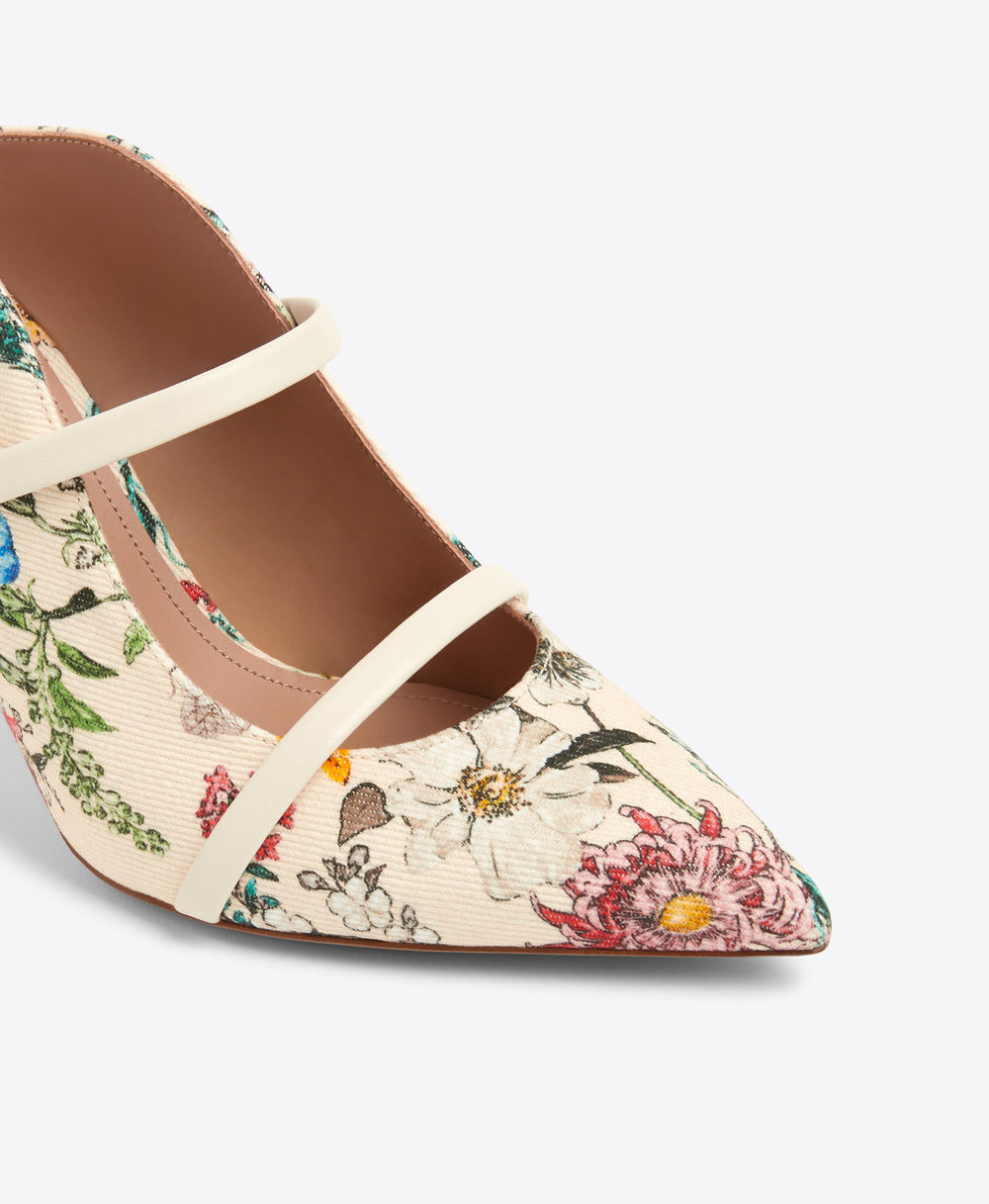 Maureen 70 Floral Cream Canvas Heeled Mules Malone Souliers