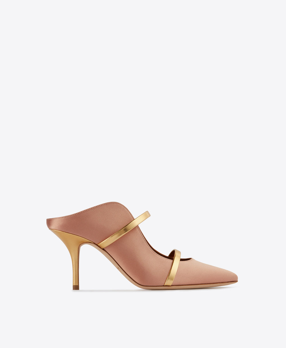 Malone Souliers Satin Blush Pink Heeled Mules with Signature Gold Leather Straps