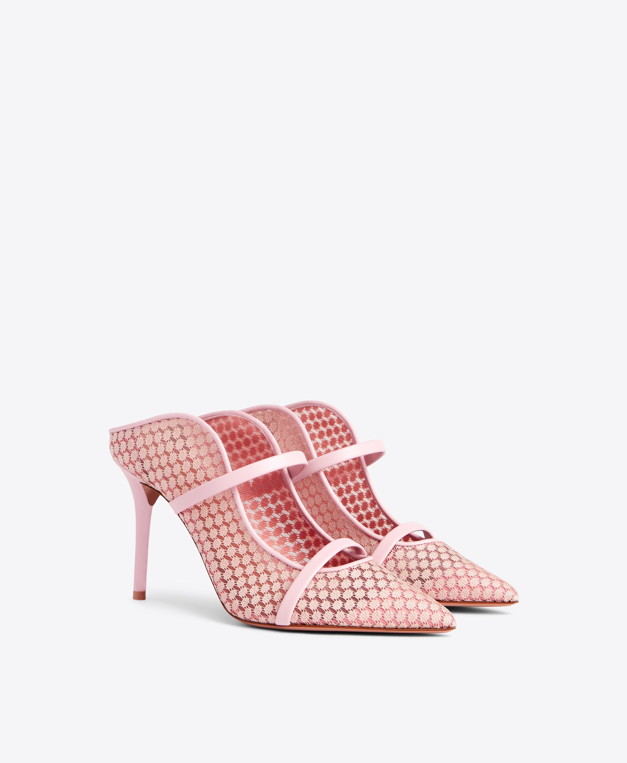 Malone Souliers Maureen 85mm Light Pink Lace Mesh Heeled Mules