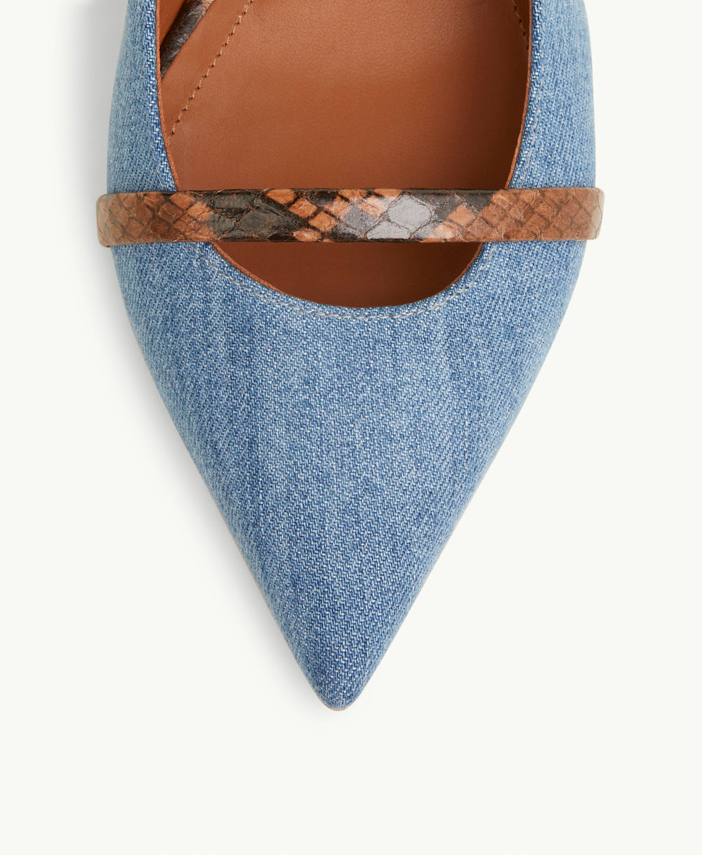 Women's Blue Denim Cotton Flat Mules with Snakeskin Straps Malone Souliers