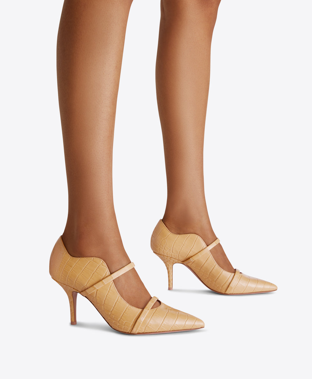 Double Strap Beige Pointed Toe Stiletto Pumps - Embossed Leather | Malone Souliers