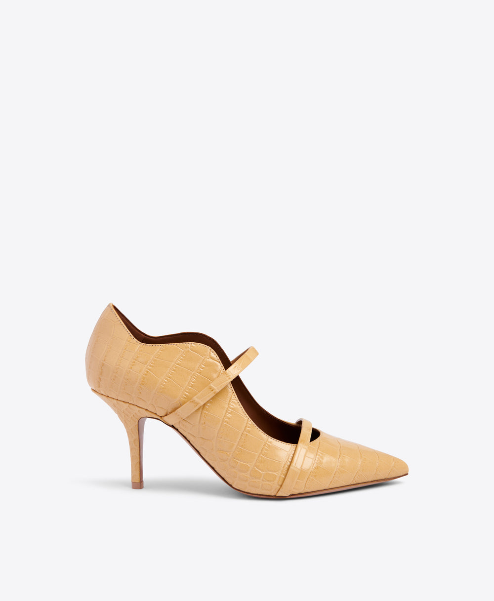 Double Strap Beige Pointed Toe Stiletto Pumps - Embossed Leather | Malone Souliers