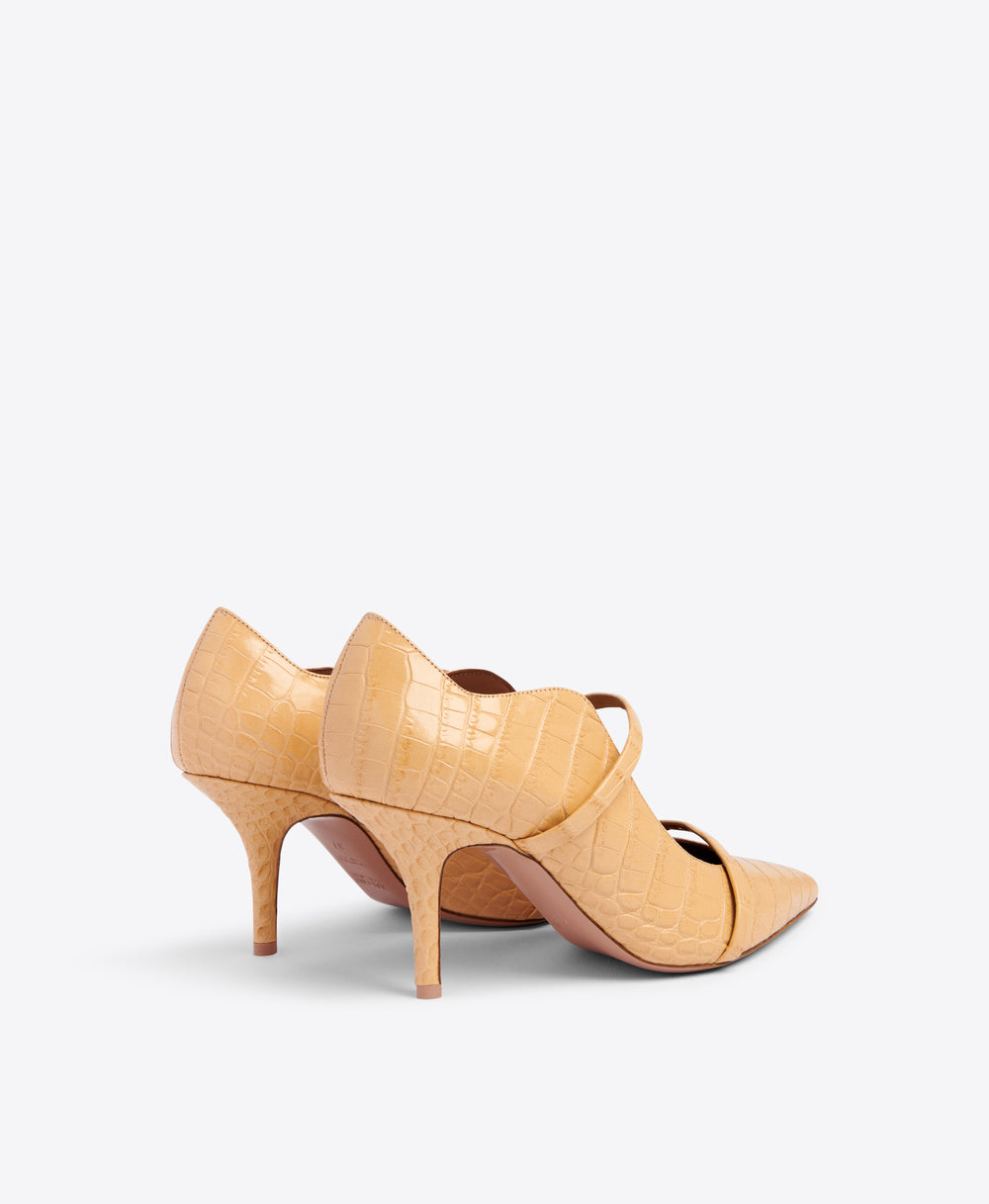 Double Strap Beige Pointed Toe Stiletto Pumps - Embossed Leather | Malone Souliers