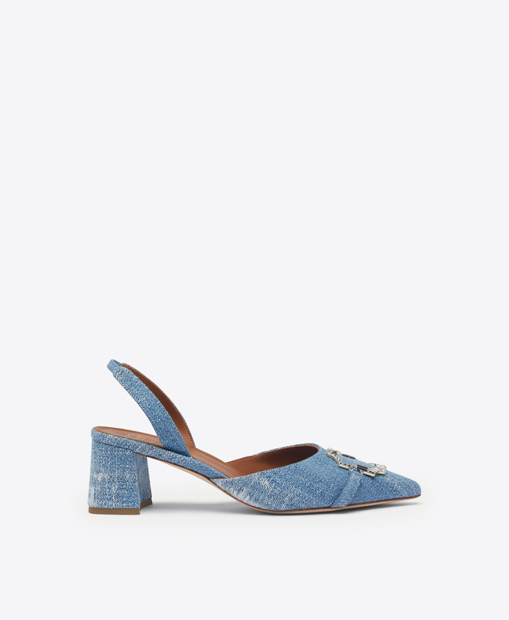 Malone Souliers Misha 45mm Baby Blue Denim Slingback Heels