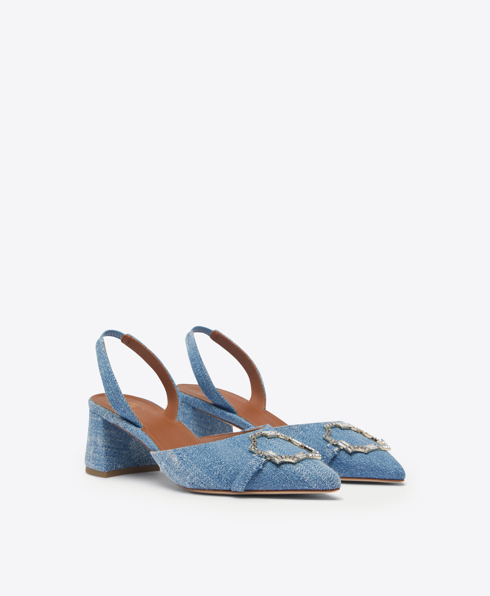 Malone Souliers Misha 45mm Baby Blue Denim Slingback Heels