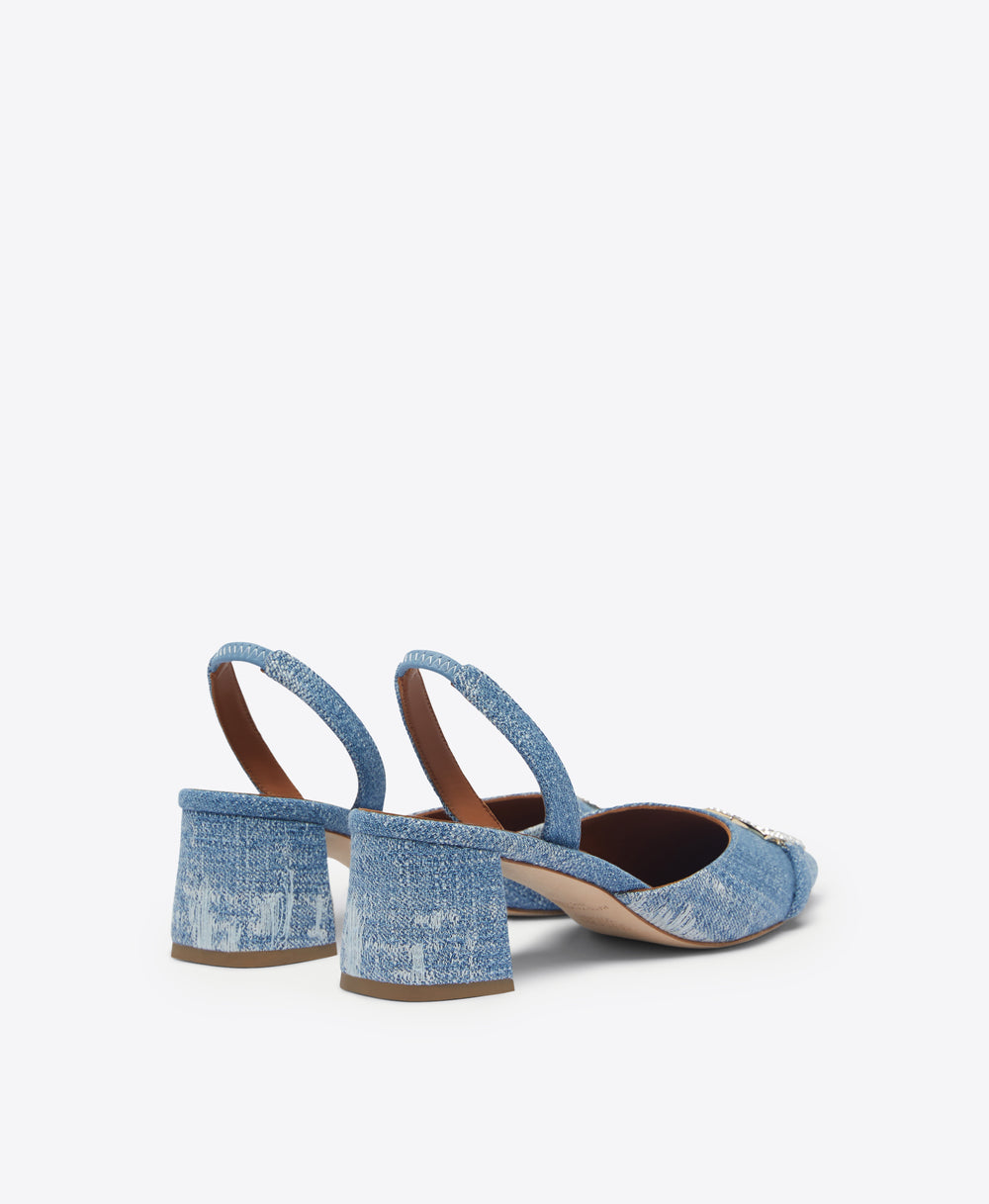 Malone Souliers Misha 45mm Baby Blue Denim Slingback Heels