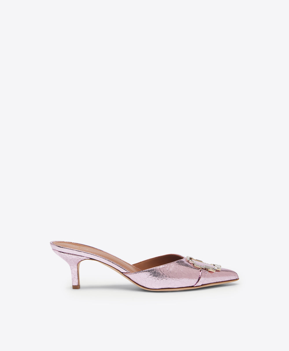 Malone Souliers Missy 45mm Pink Mirror Leather Kitten Heel Mules