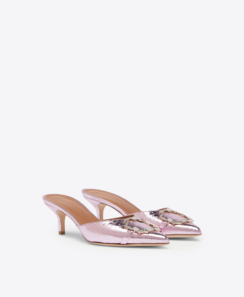 Malone Souliers Missy 45mm Pink Mirror Leather Kitten Heel Mules