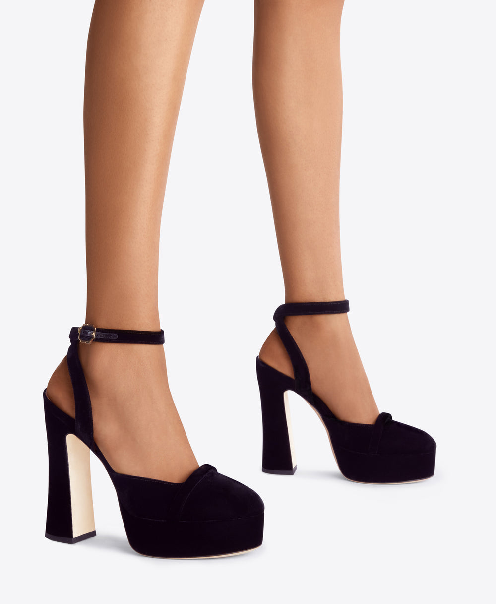 Black Velvet Ankle Strap Sandals - Closed Toe Platform on Block Heel | Malone Souliers