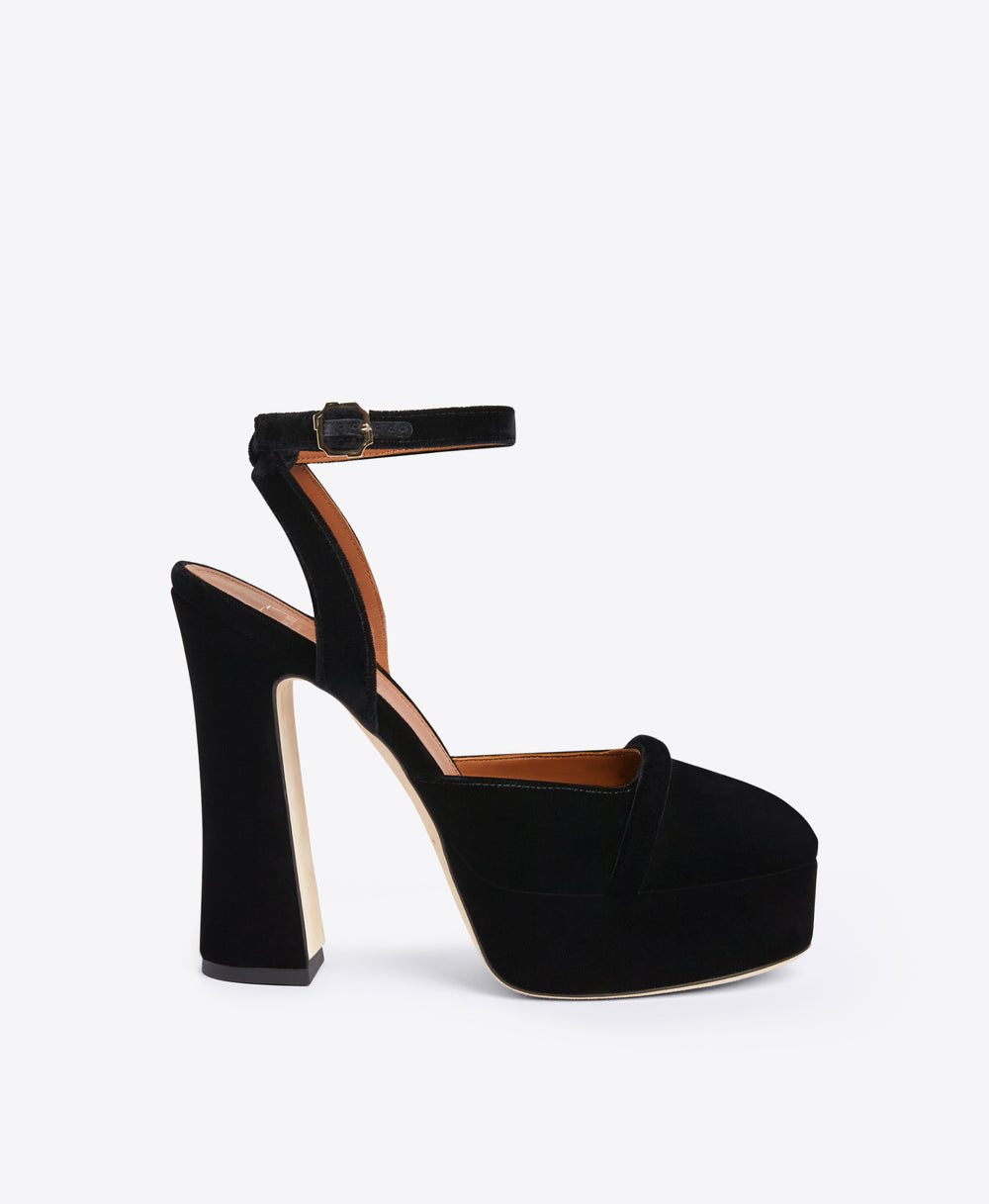 Black Velvet Ankle Strap Sandals - Closed Toe Platform on Block Heel | Malone Souliers