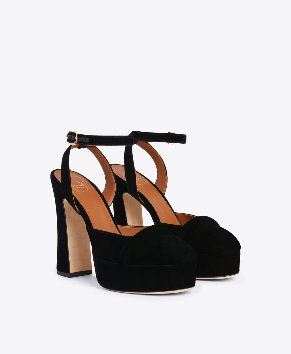 Black Velvet Ankle Strap Sandals - Closed Toe Platform on Block Heel | Malone Souliers