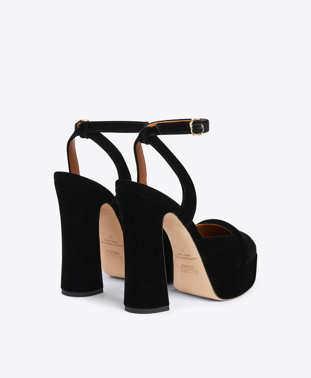 Black Velvet Ankle Strap Sandals - Closed Toe Platform on Block Heel | Malone Souliers