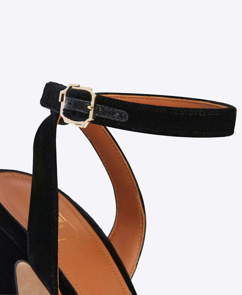 Black Velvet Ankle Strap Sandals - Closed Toe Platform on Block Heel | Malone Souliers