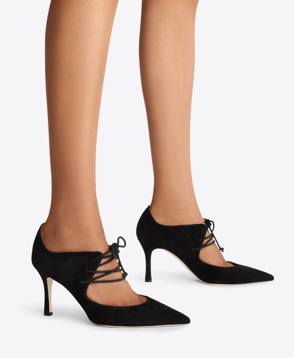 Black Suede Lace-up Pump - Pointed Toe on Flared Stiletto | Malone Souliers