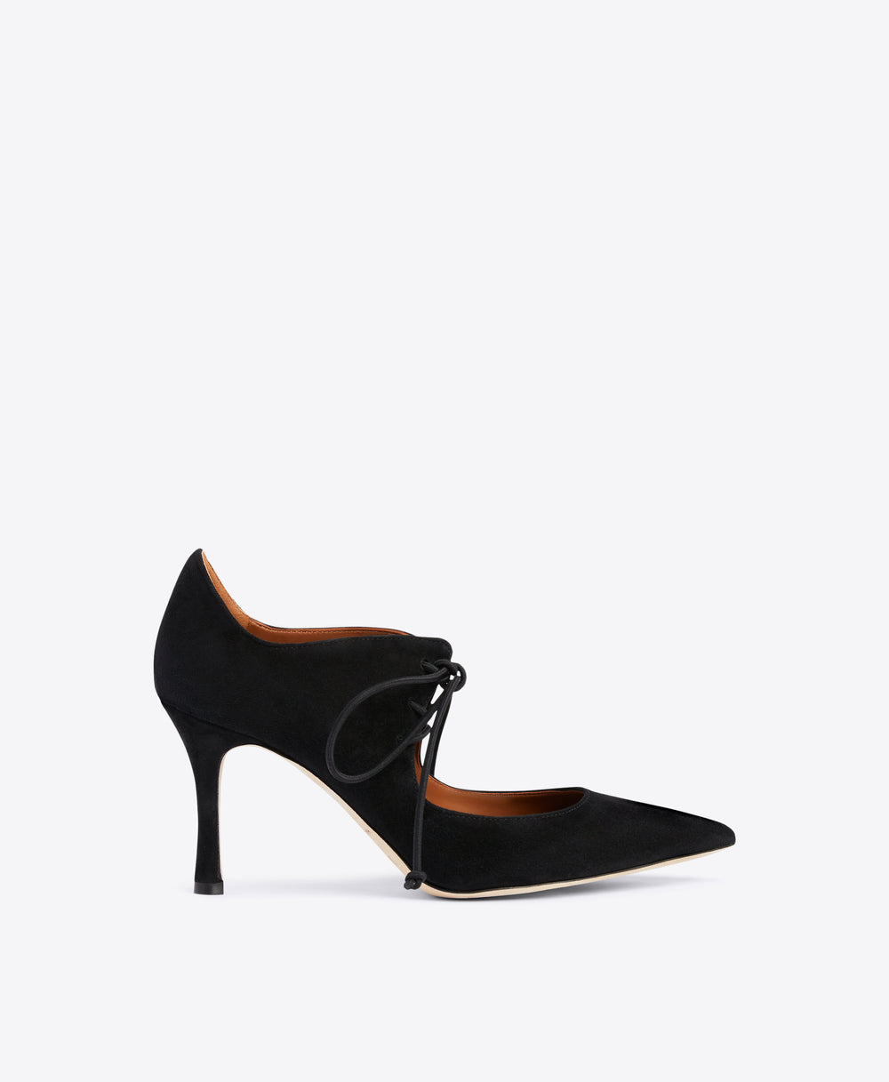 Black Suede Lace-up Pump - Pointed Toe on Flared Stiletto | Malone Souliers