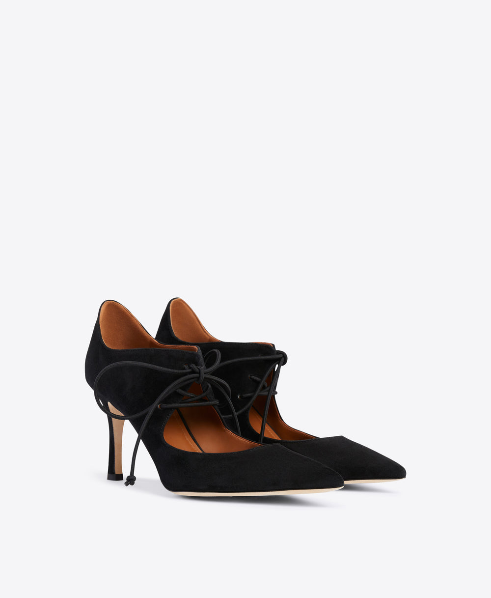 Black Suede Lace-up Pump - Pointed Toe on Flared Stiletto | Malone Souliers