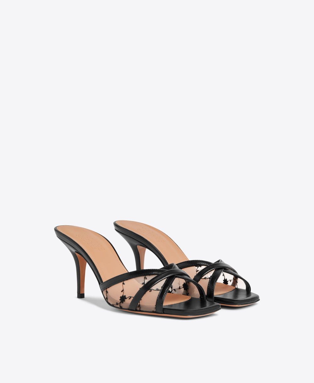 Malone Souliers Perla 70 Black Floral Mesh Heeled Sandals