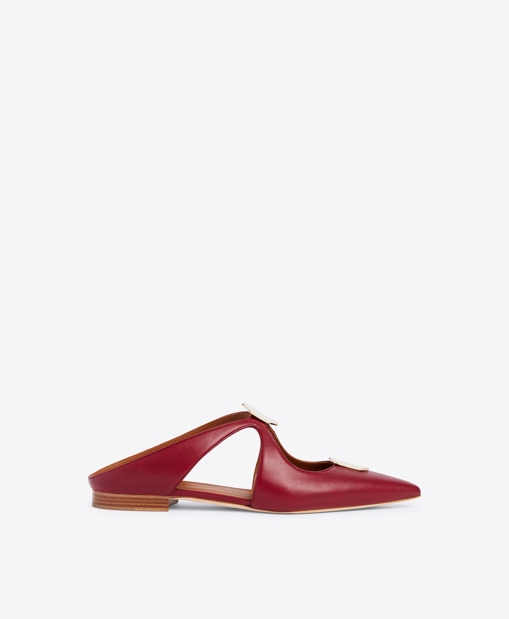 Pointed Toe Flat Mules in Burgundy Nappa - Cut-out with Ornaments on Monoblock | Malone Souliers