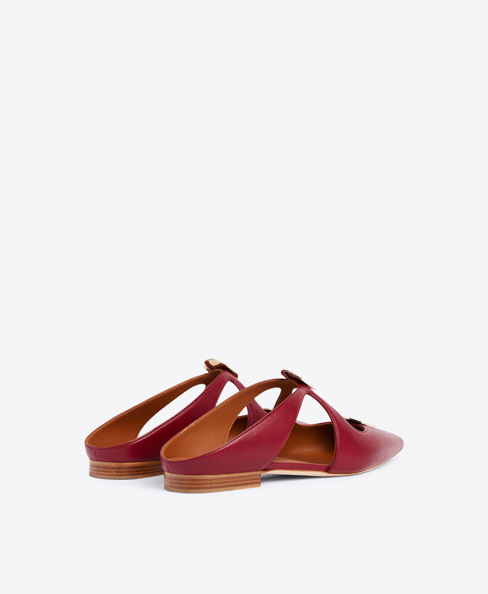 Pointed Toe Flat Mules in Burgundy Nappa - Cut-out with Ornaments on Monoblock | Malone Souliers