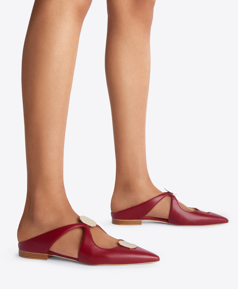 Pointed Toe Flat Mules in Burgundy Nappa - Cut-out with Ornaments on Monoblock | Malone Souliers