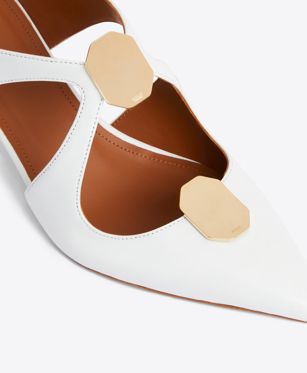 White Nappa Cut-out Mules - Pointed Toe with Ornaments on Curved Heel | Malone Souliers